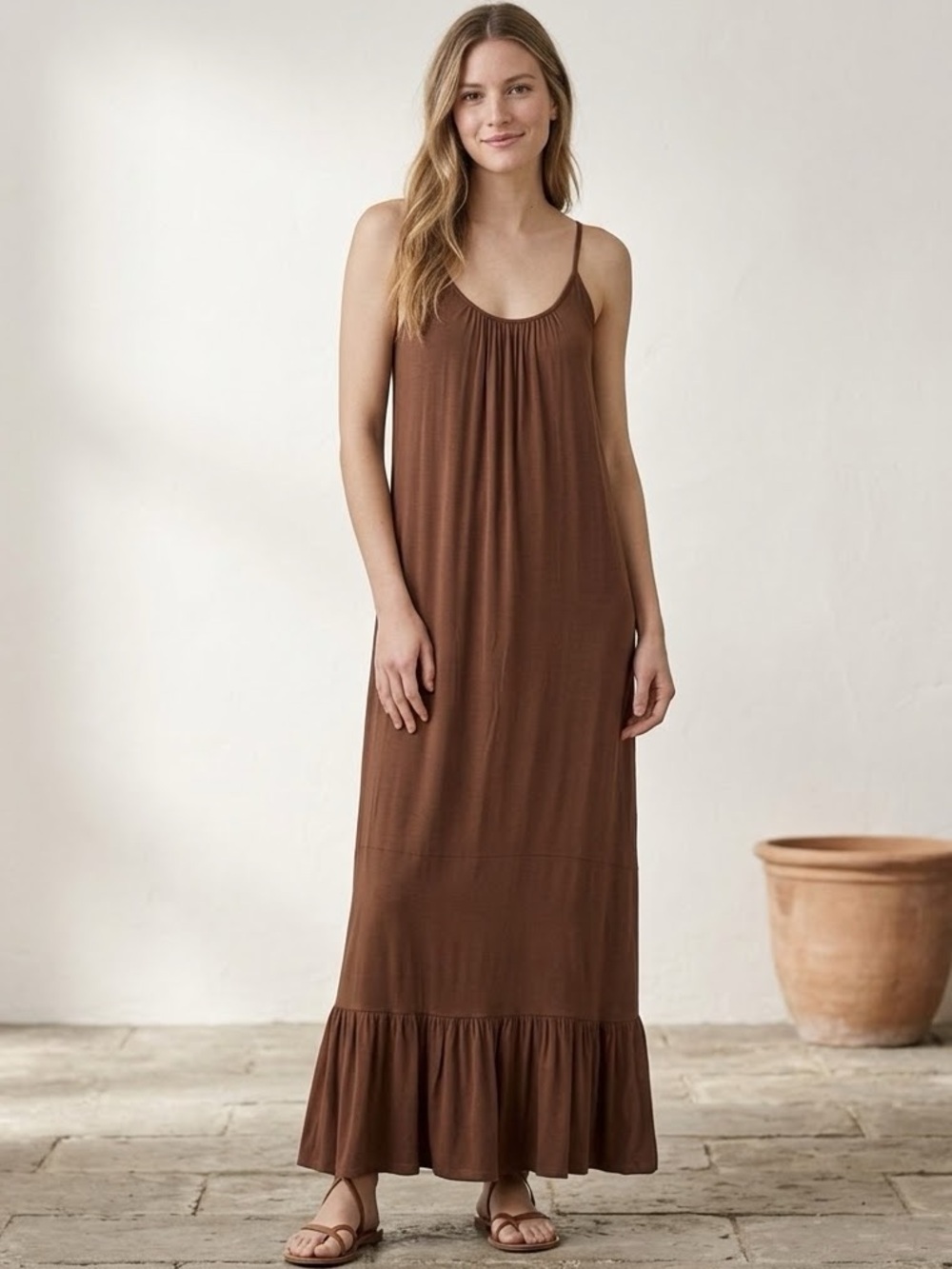 Chaser Brown Maxi Slip Dress Ruffle Hem Summer Vacation Travel EUC Minimalist